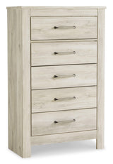 Bedroom view of Bellaby Whitewash Panel Bedroom Set with chest and nightstand