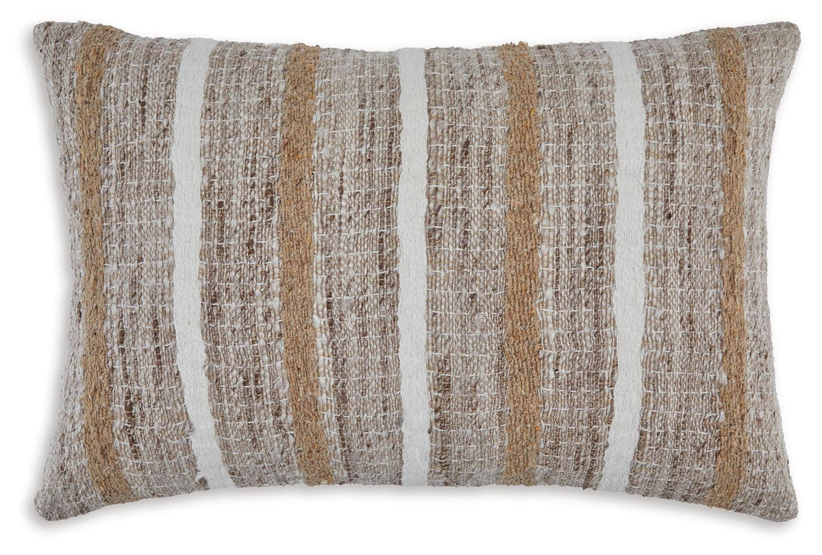 Side angle of Benish tan brown white striped lumbar pillow