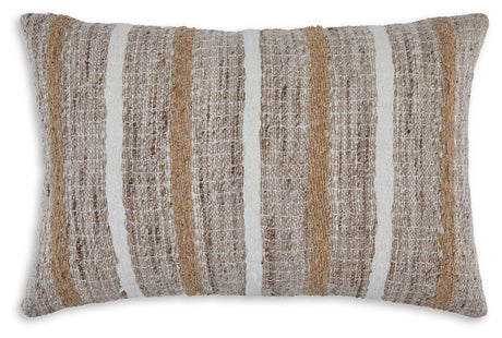 Side angle of Benish tan brown white striped lumbar pillow