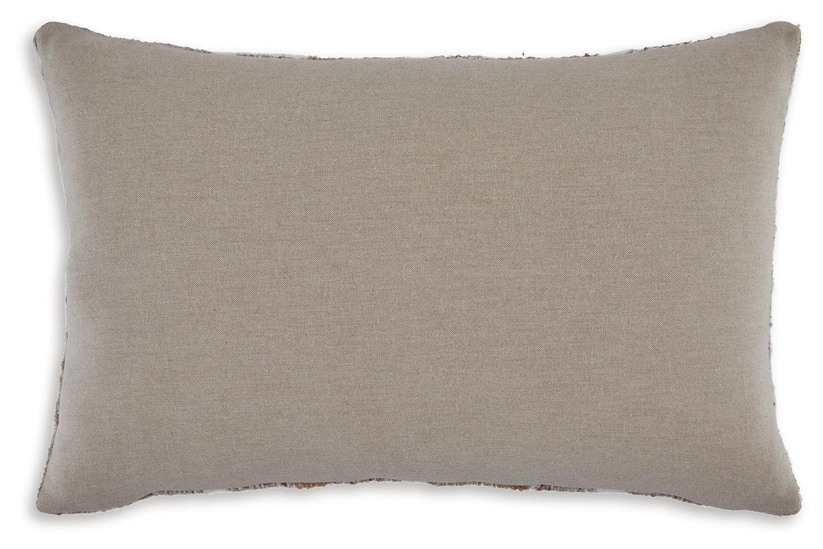 Zipper closure on Benish tan brown white lumbar pillow