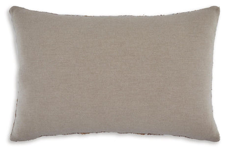 Zipper closure on Benish tan brown white lumbar pillow