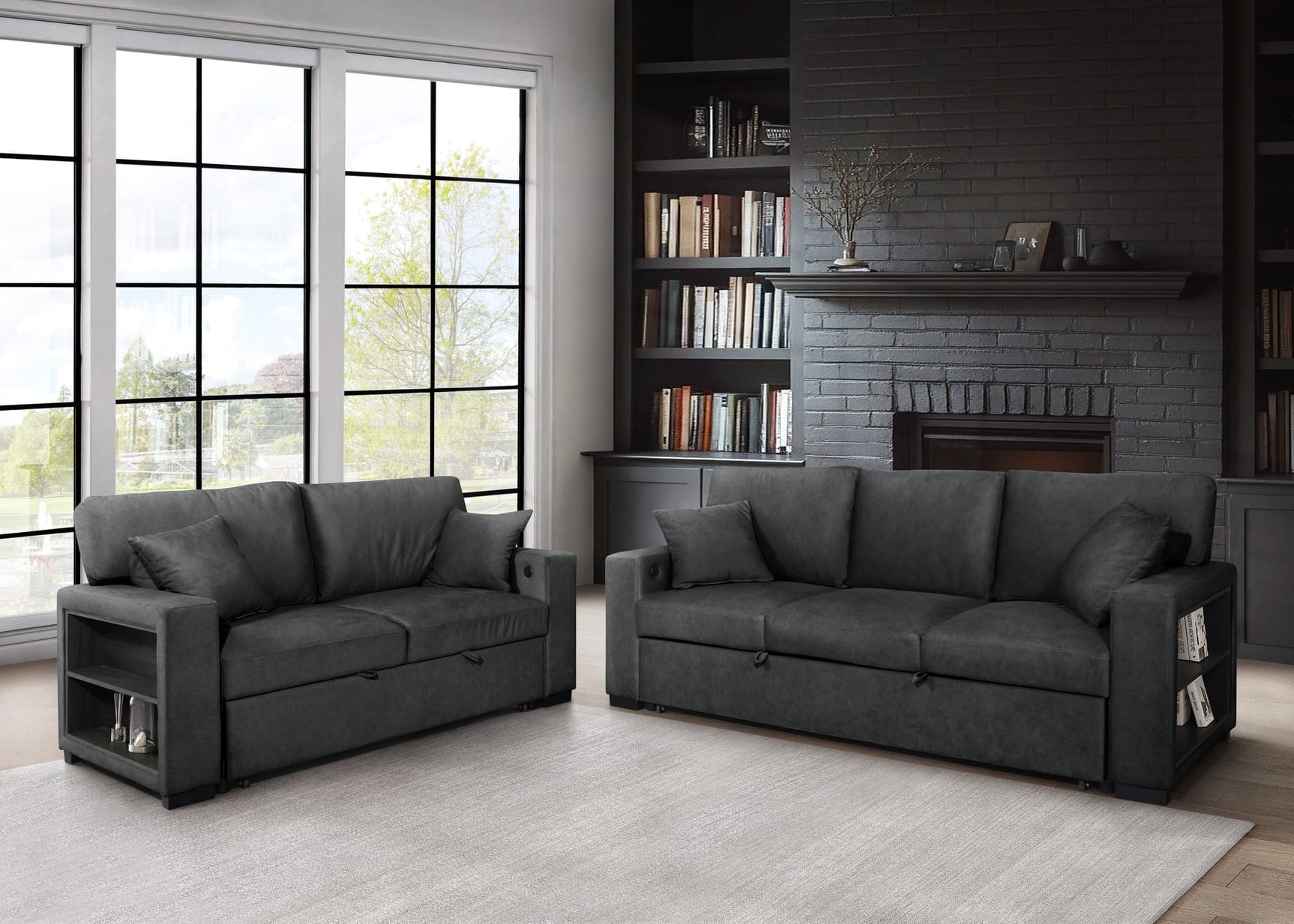 Bexley Black Premium Fabric Sofa and Loveseat Set with Bookcase Arms and USB Ports from Decor Furniture