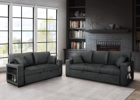 Bexley Black Premium Fabric Sofa and Loveseat Set with Bookcase Arms and USB Ports from Decor Furniture