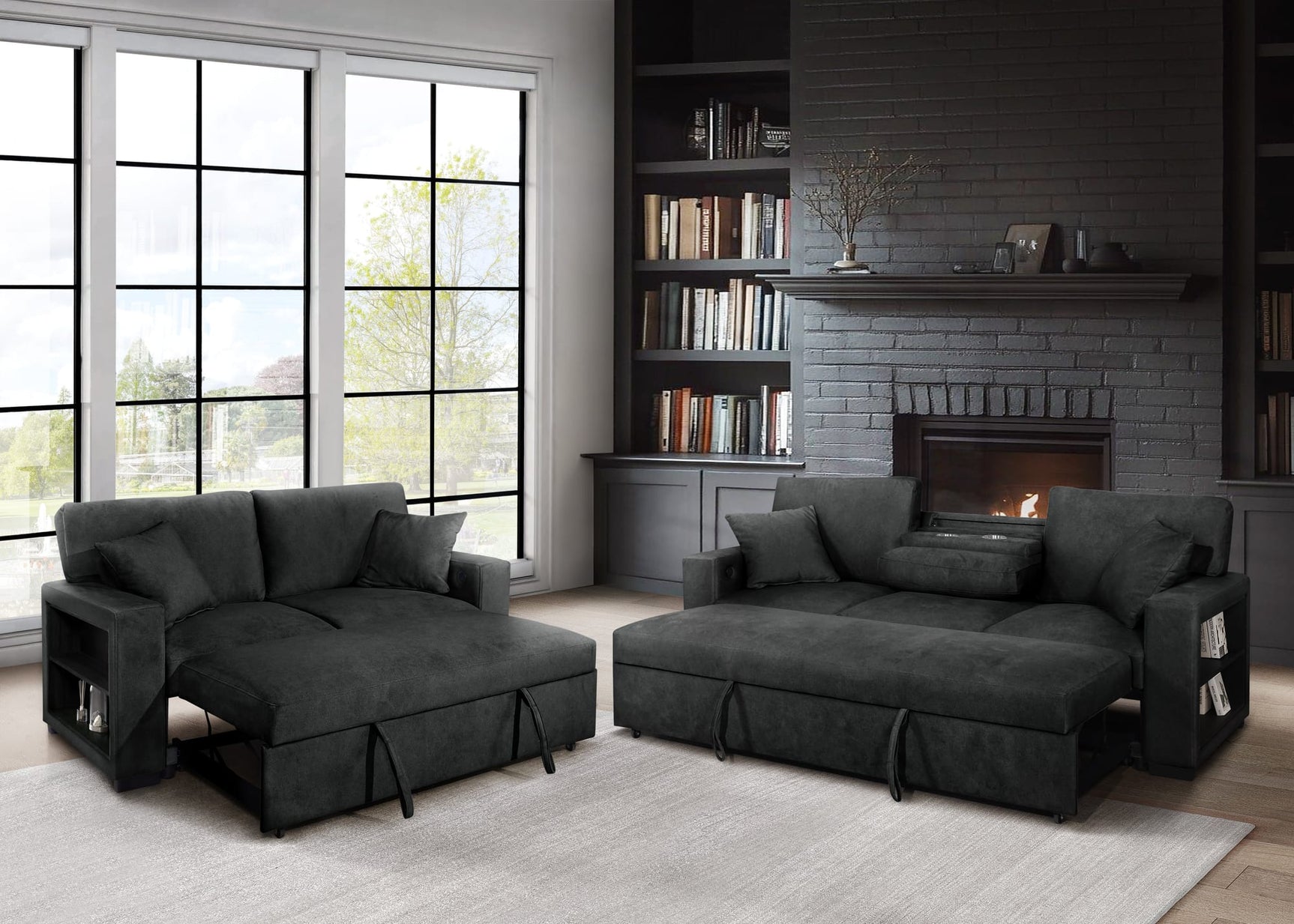 Bexley Black Premium Fabric Sofa and Loveseat Set with Bookcase Arms and USB Ports view 2
