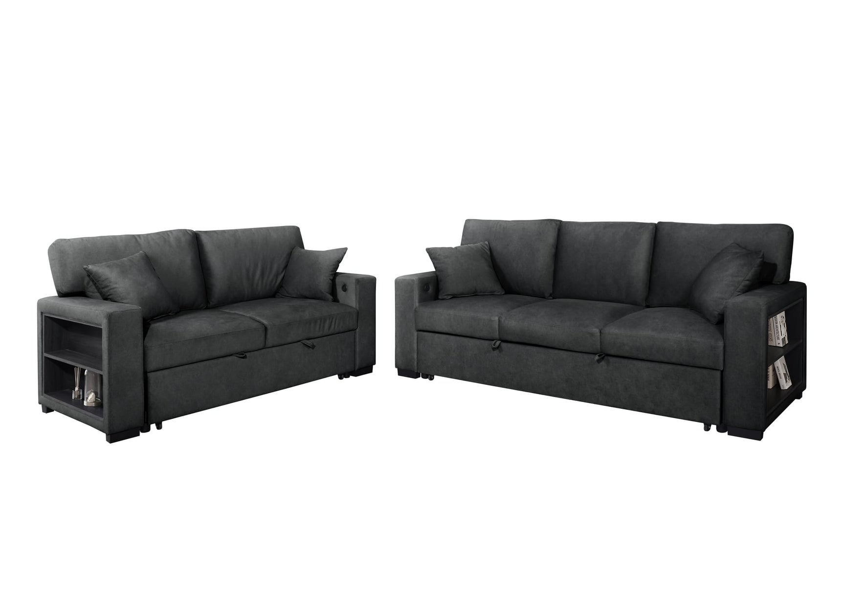 Bexley Black Premium Fabric Sofa and Loveseat Set with Bookcase Arms and USB Ports view 3