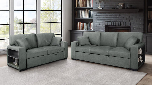 Bexley Grey Premium Fabric Sofa and Loveseat Set with Bookcase Arms and USB Ports from Decor Furniture