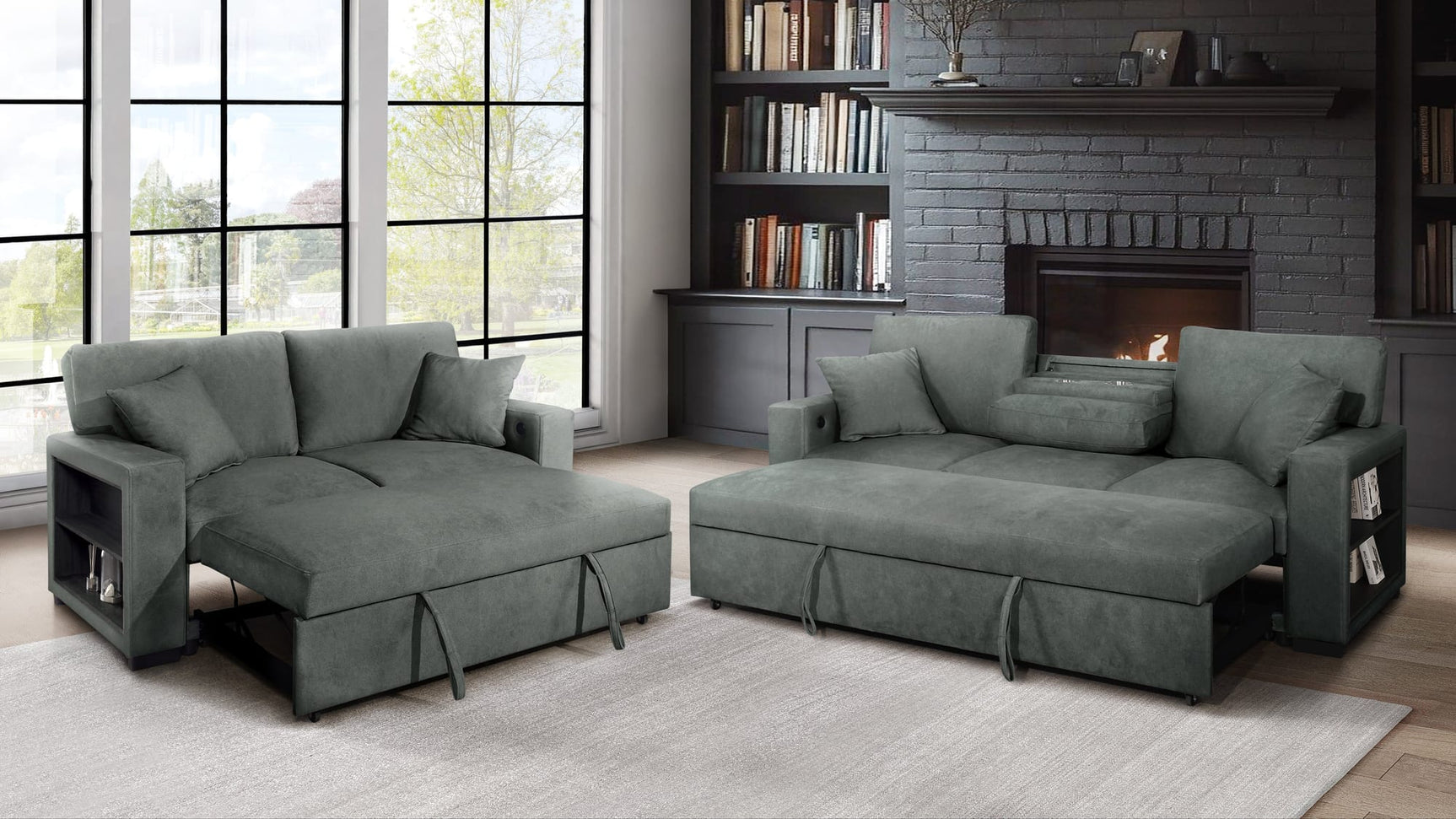 Bexley Grey Premium Fabric Sofa and Loveseat Set with Bookcase Arms and USB Ports view 2