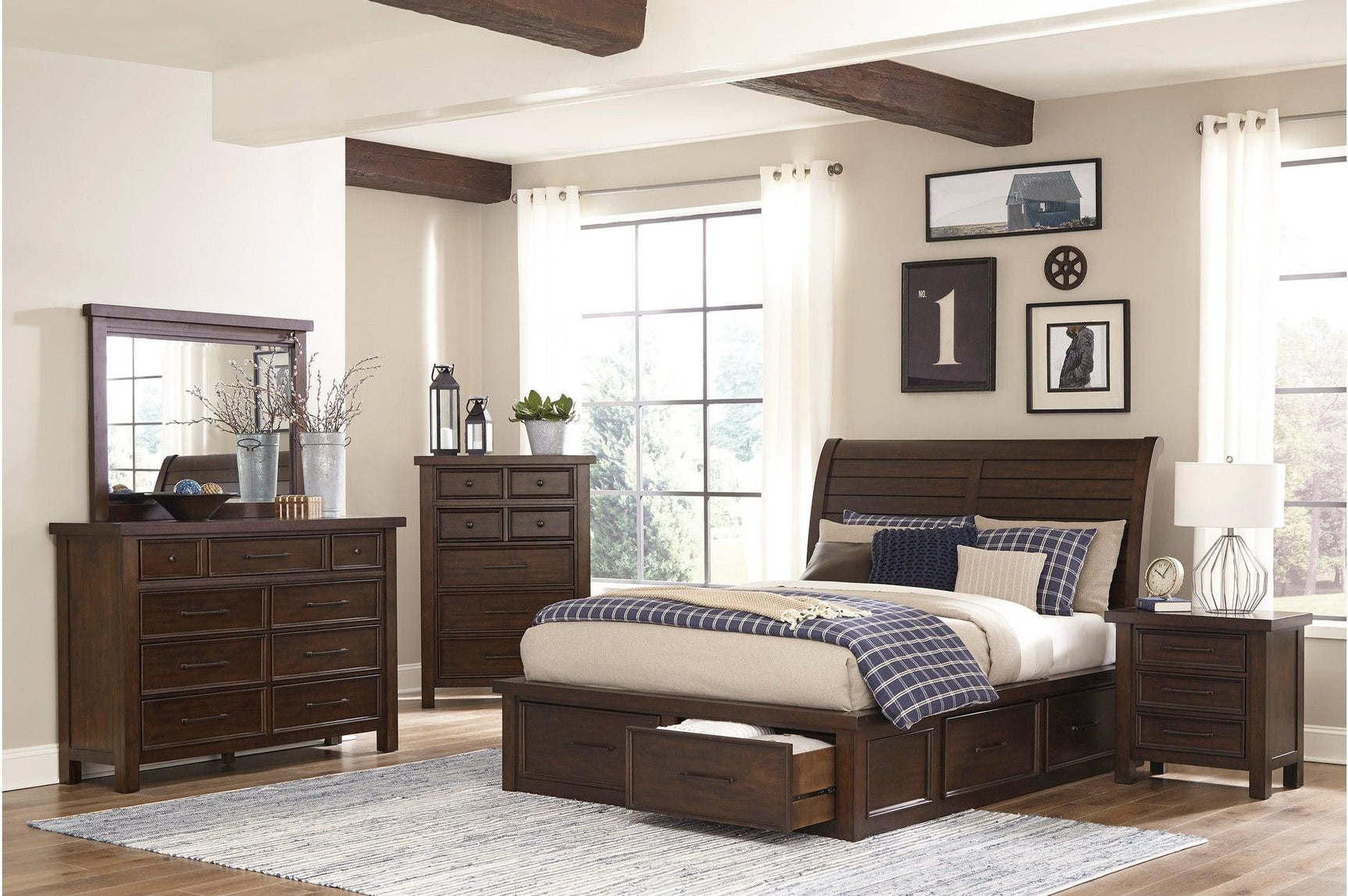 Logandale Brown Modern Transitional Solid Wood Sleigh Bedroom Set - Ella Furniture