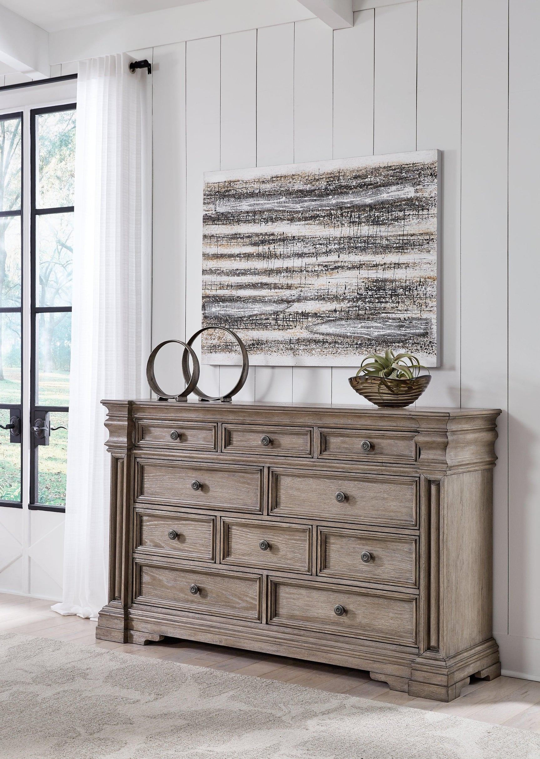 Close-up of Blairhurst dresser drawer and satin nickel-tone knob