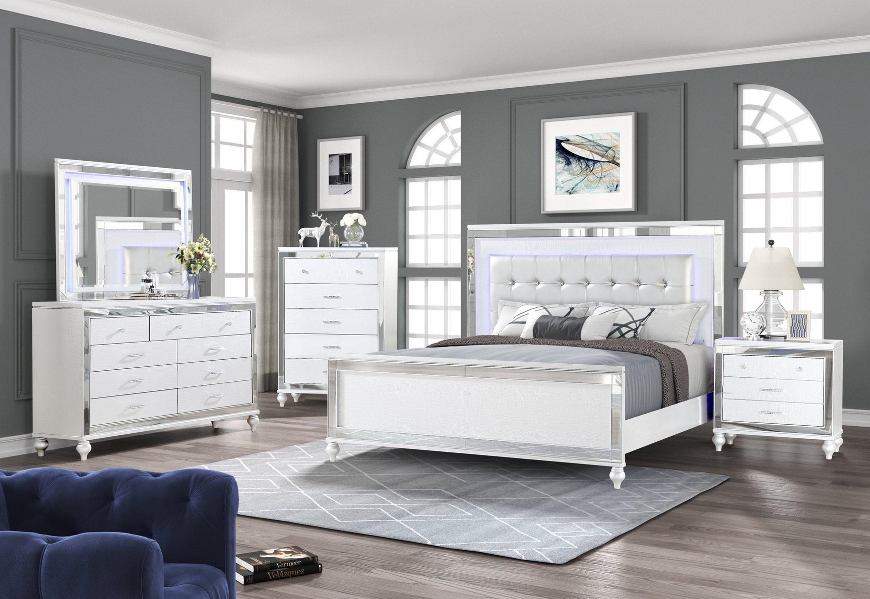 Blanca White Upholstered LED Panel Bedroom Set side view of bed