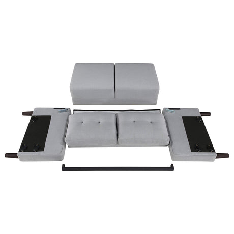 Loveseat angled side view highlighting track arms
