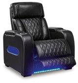 reclining view of Boyington Black Leather Power Recliner recliner
