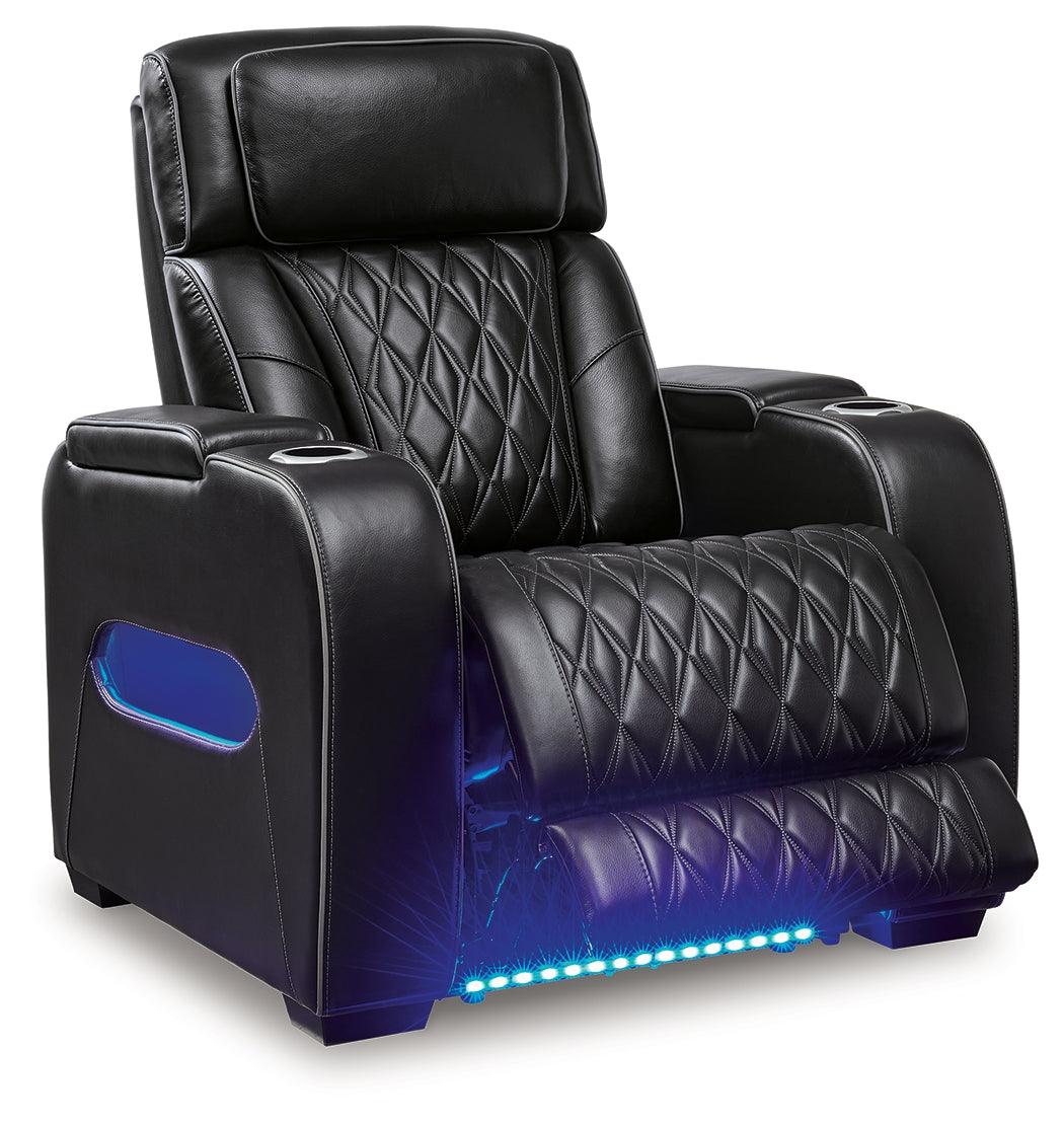 reclining view of Boyington Black Leather Power Recliner recliner