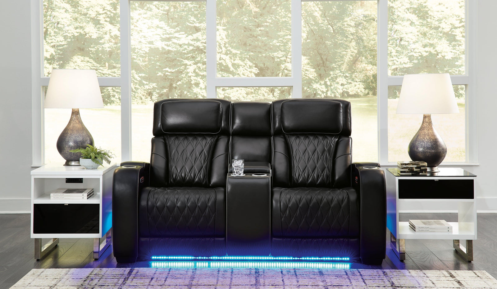 Boyington Black Leather Power Reclining Loveseat With Console - Ella Furniture