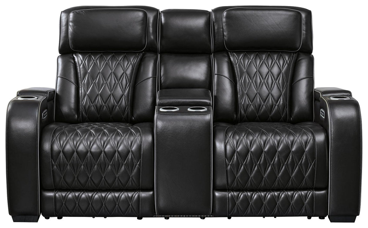 Side angle of Boyington Black Leather Power Reclining Loveseat showing console