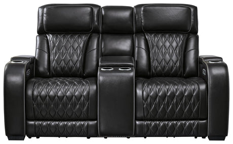 Side angle of Boyington Black Leather Power Reclining Loveseat showing console