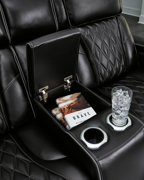 Extended ottoman of the Black Leather Loveseat