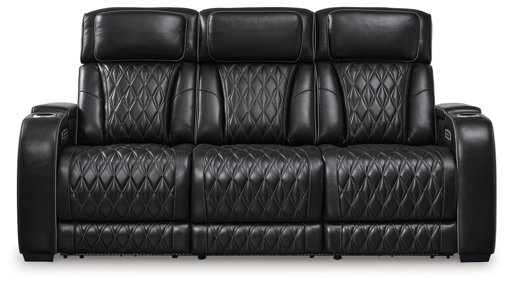 Boyington Black Leather Power Reclining Sofa side view showing recliner