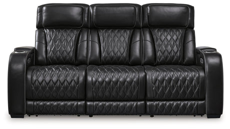 Boyington Black Leather Power Reclining Sofa side view showing recliner