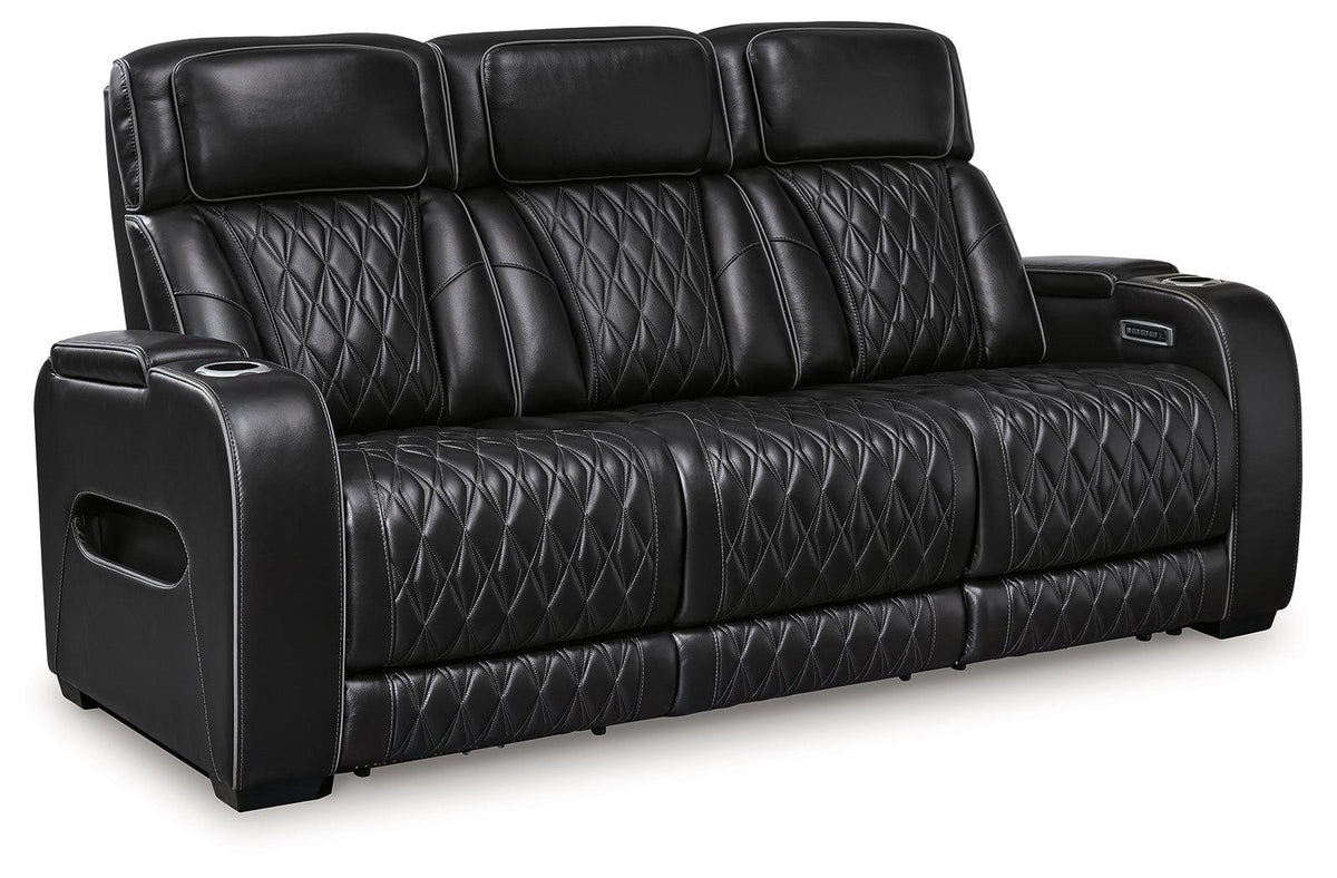 Boyington Black Leather Power Reclining Sofa close-up of diamond-stitch upholstery