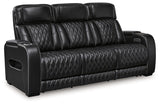 Boyington Black Leather Power Reclining Sofa close-up of diamond-stitch upholstery
