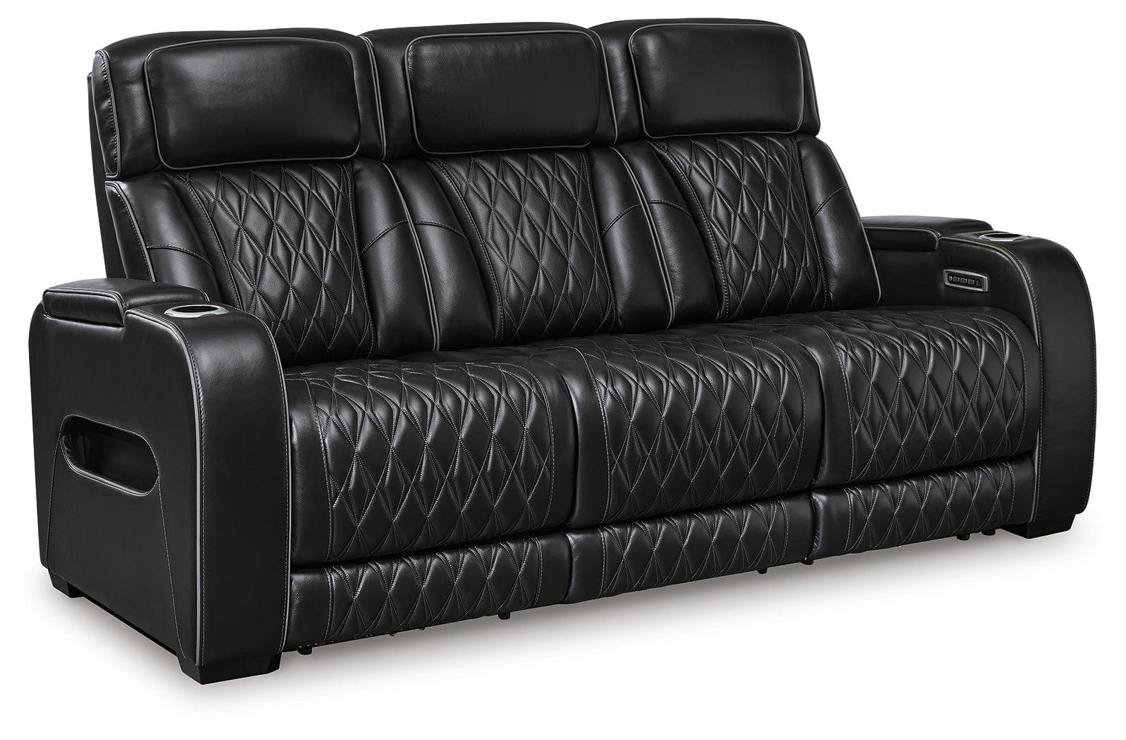 Boyington Black Leather Power Reclining Sofa close-up of diamond-stitch upholstery