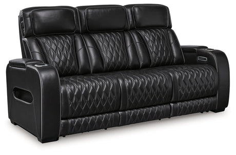 Boyington Black Leather Power Reclining Sofa close-up of diamond-stitch upholstery
