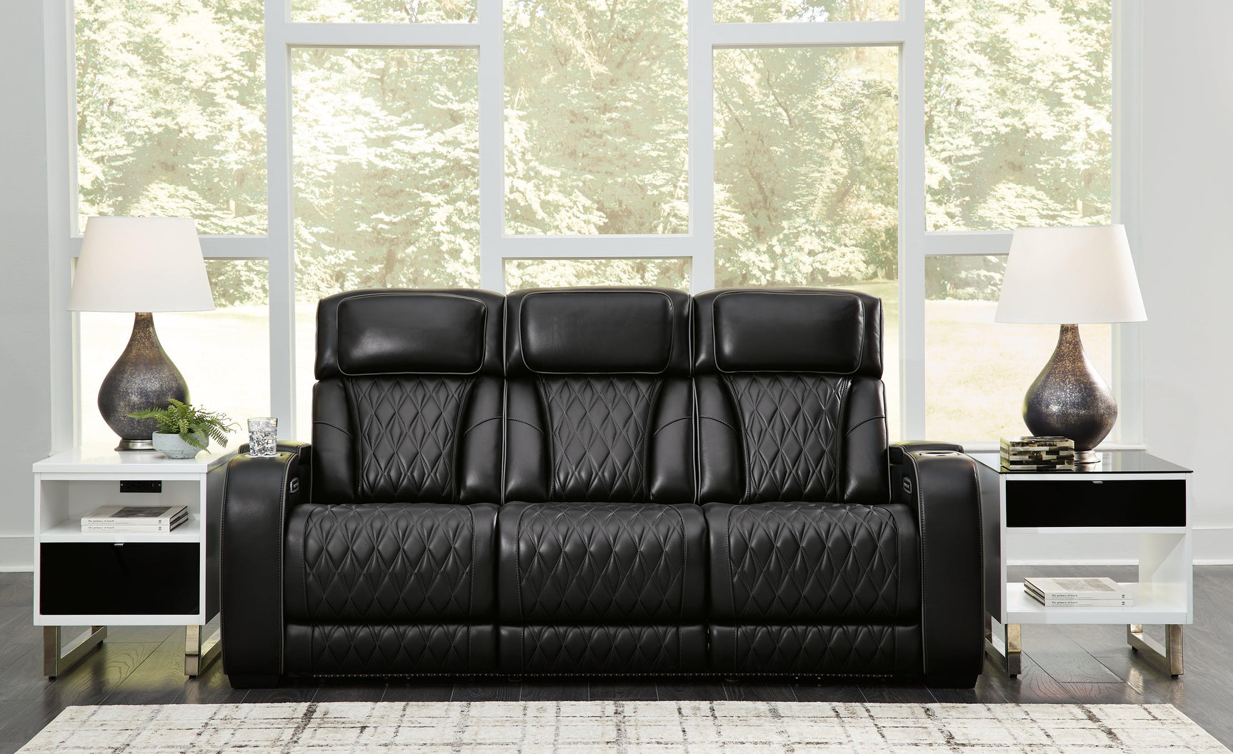 Boyington Black Leather Power Reclining Sofa armrest flip-top storage