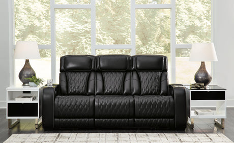 Boyington Black Leather Power Reclining Sofa armrest flip-top storage
