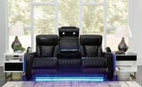 Boyington Black Leather Power Reclining Sofa fully reclined position
