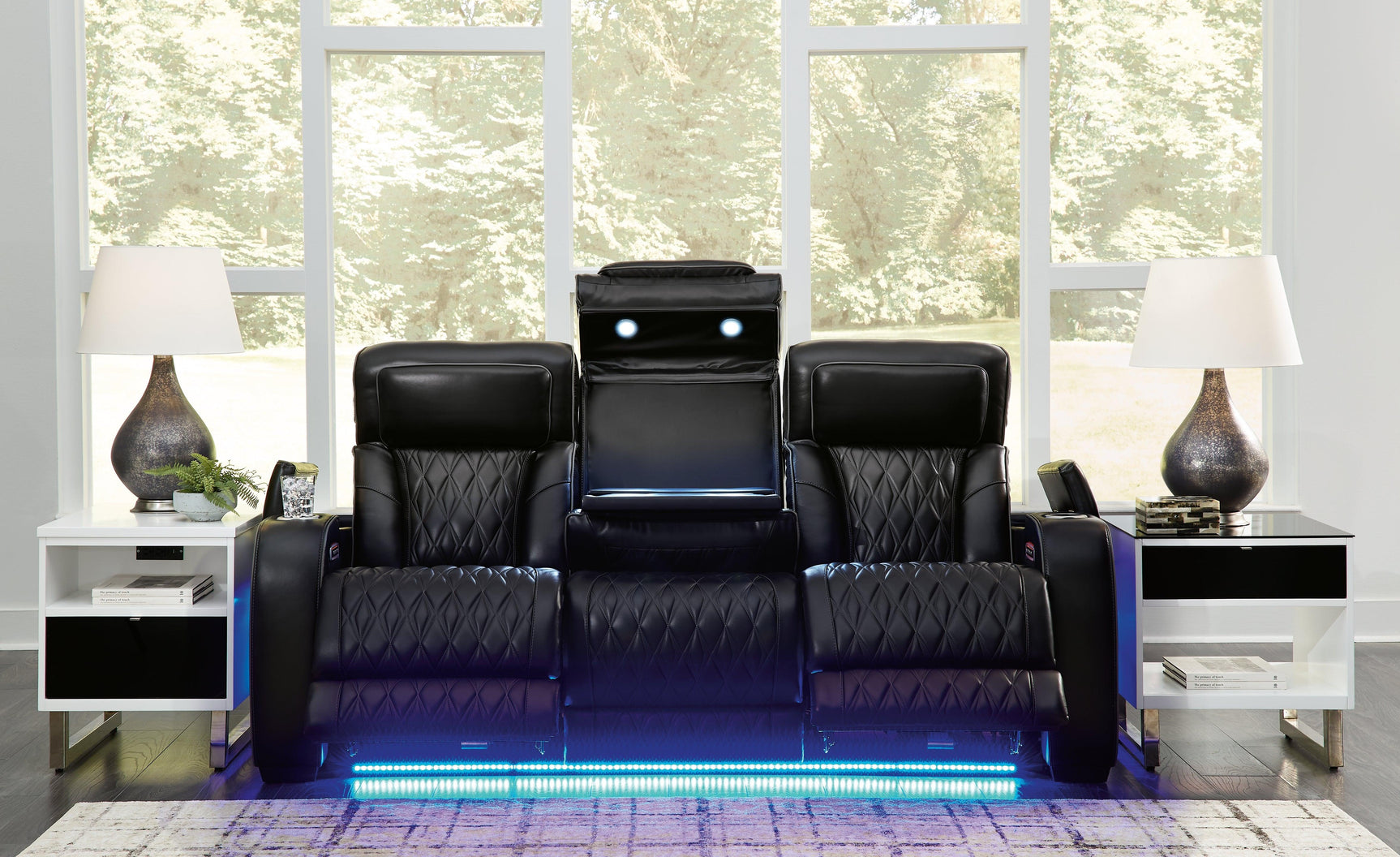 Boyington Black Leather Power Reclining Sofa fully reclined position