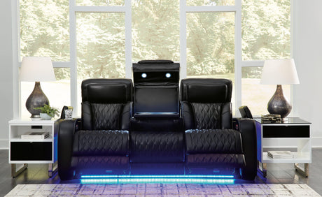 Boyington Black Leather Power Reclining Sofa fully reclined position