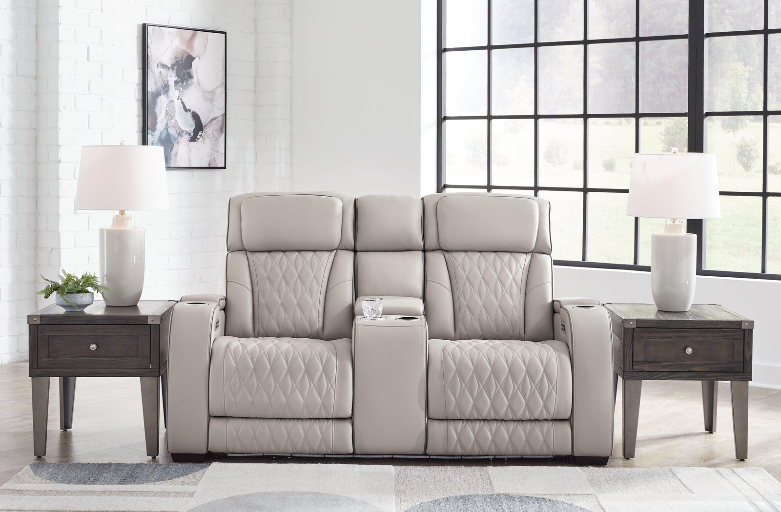 Boyington Gray Leather Power Reclining Loveseat With Console - Ella Furniture