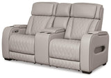 Boyington gray reclining loveseat with open console and cup holders