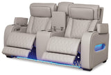 Close-up of Boyington loveseat diamond-stitched leather cushions