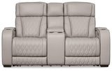 Side view of Boyington power reclining loveseat in gray leather