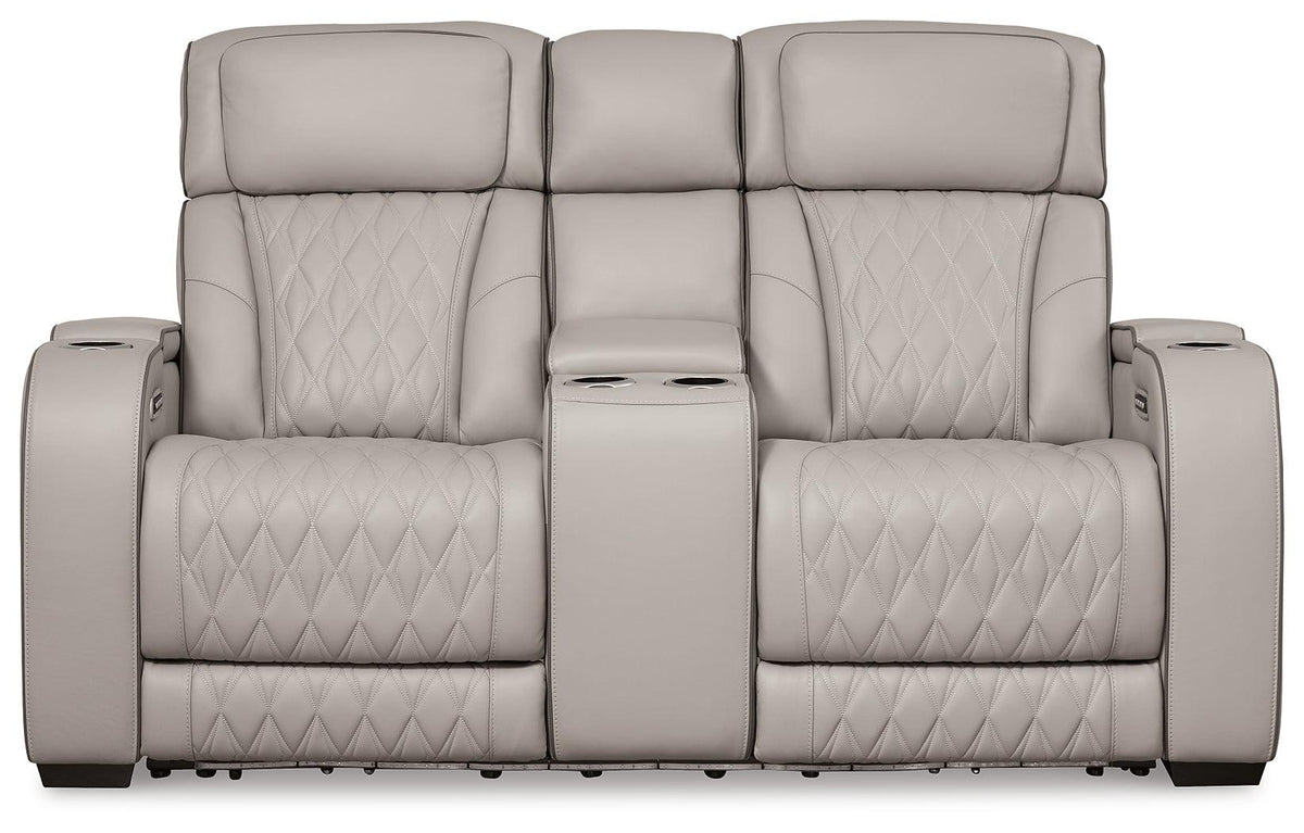 Side view of Boyington power reclining loveseat in gray leather
