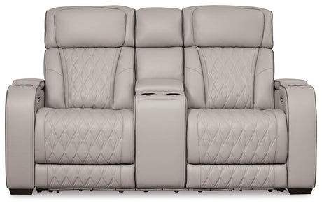 Side view of Boyington power reclining loveseat in gray leather