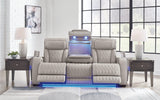 Boyington gray sofa showing diamond-stitched upholstery detail