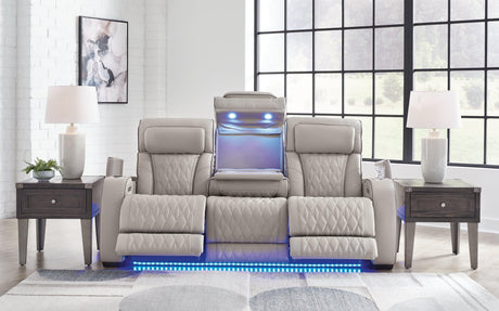 Boyington gray sofa showing diamond-stitched upholstery detail