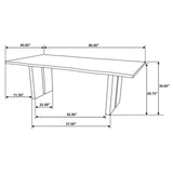Black iron pedestal legs supporting acacia live edge table