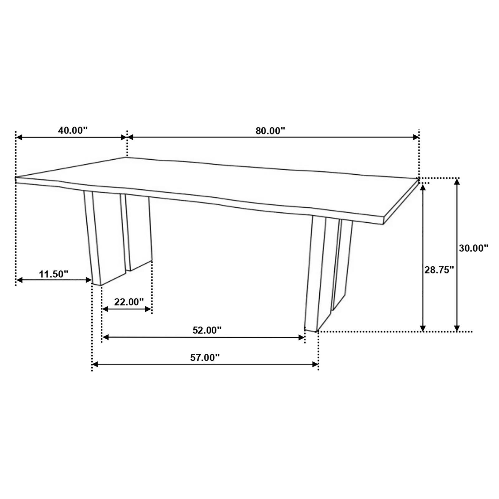 Black iron pedestal legs supporting acacia live edge table