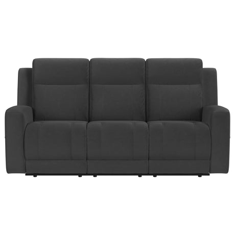 Side angle of Brentwood black reclining loveseat with storage console