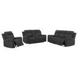Black upholstered reclining loveseat with center console and cupholders