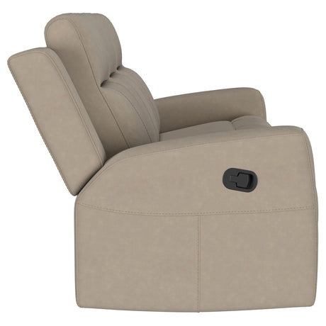 Close-up of tufted faux leather upholstery on Brentwood sofa