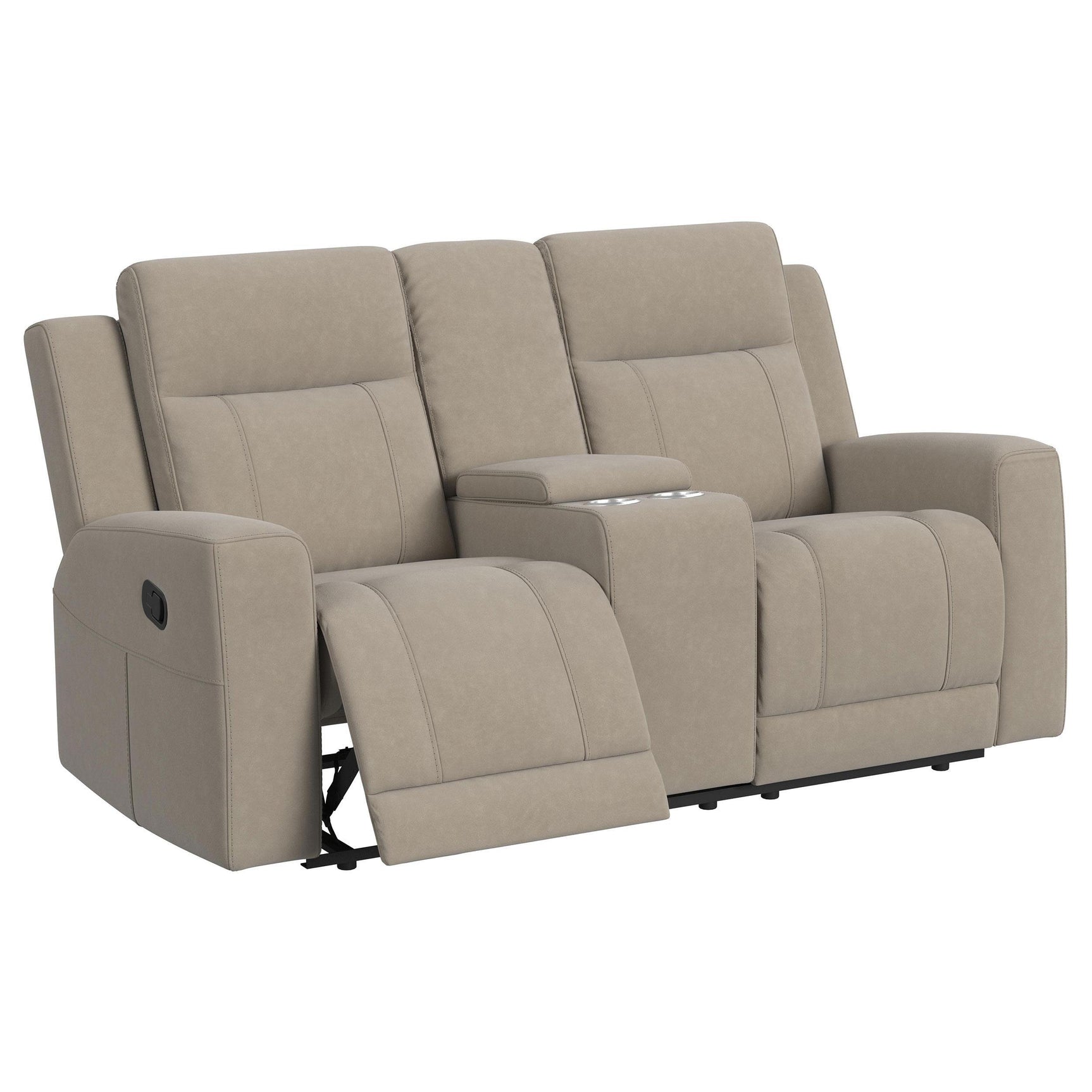 Loveseat console cup holders and storage compartment