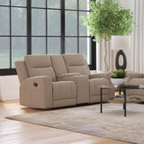 Side angle of Brentwood taupe manual reclining loveseat