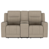 Close-up of tufted track arm in taupe upholstery