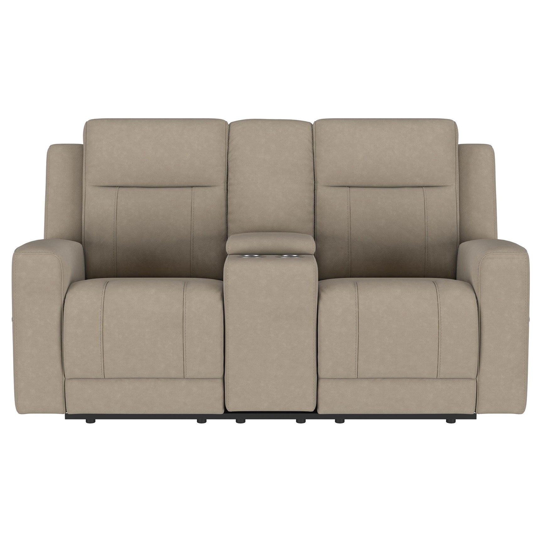 Close-up of tufted track arm in taupe upholstery