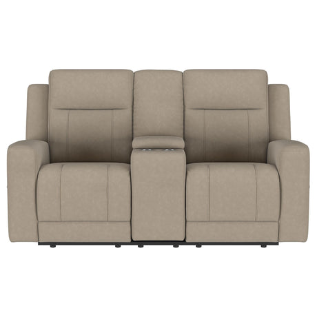 Close-up of tufted track arm in taupe upholstery
